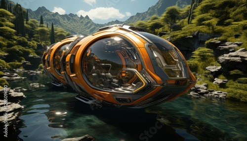 A hovercraft traveling over water near a coastal area