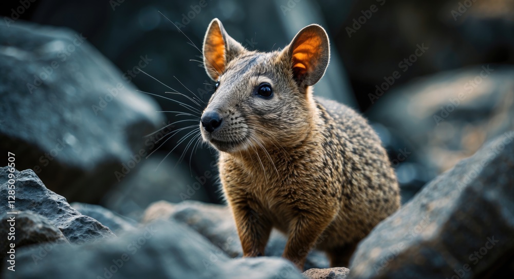 Naklejka premium Portrait of a Bush Hyrax (Heterohyrax brucei) set against a rocky backdrop