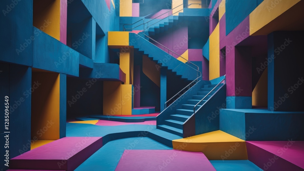 stairways and vibrant, intricate structures. labyrinths of abstract shapes. The environment brings to mind the series Squid Game.