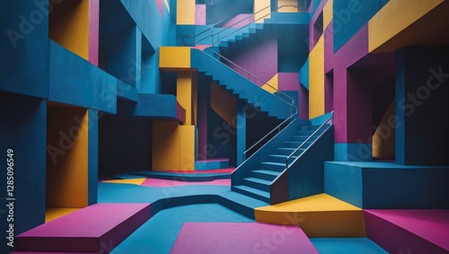 Obraz na płótnie stairways and vibrant, intricate structures. labyrinths of abstract shapes. The environment brings to mind the series Squid Game. w salonie