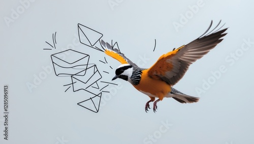 A bird flies with an envelope. Themes of communication, messaging, interaction, and conversation. Charming vector illustration in fine lines against a plain white background. photo