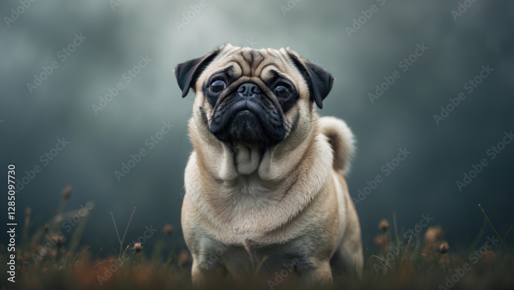 Pug Canine Standing and Looking Upward Pug Canine Standing and Looking Upward