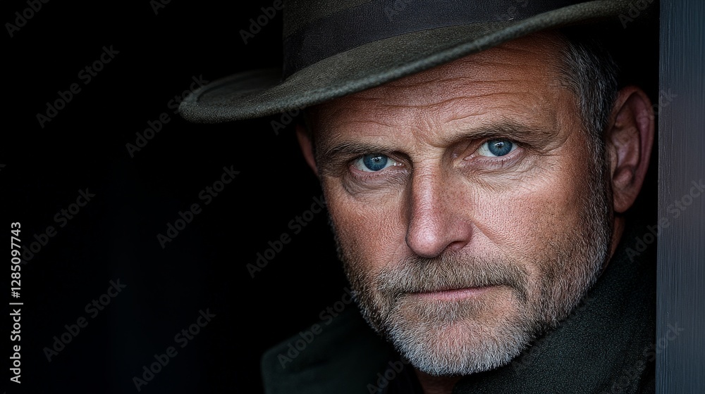 Detailed Portrait of a Mature Man with Blue Eyes and Hat Detailed Portrait of a Mature Man with Blue Eyes and Hat