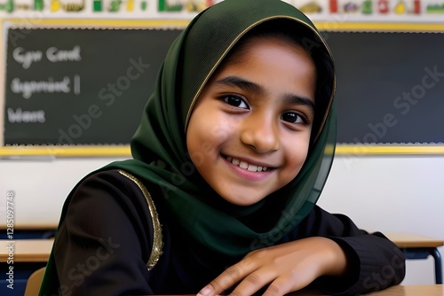 close up portrait of a happy smiling young muslim school girl in a classroom.  student, cheerful, joyful, education, learning, child, female, hijab, books, desk, teacher, blackboard, chalkboard, study