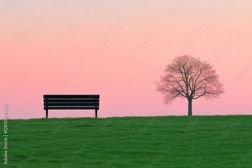 Fototapeta premium Serene park bench sunset; solitary tree, peaceful evening