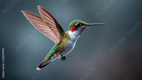 Hummingbird with a striped tail captured in mid-air using a high shutter speed.