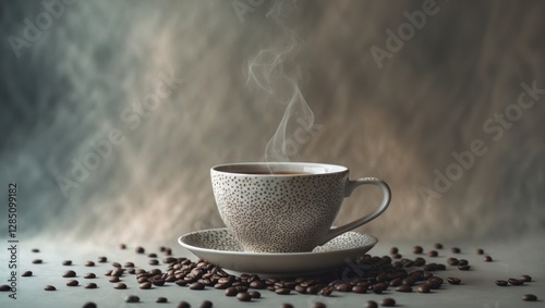 Spotted tea or coffee mug resting on a smooth background.