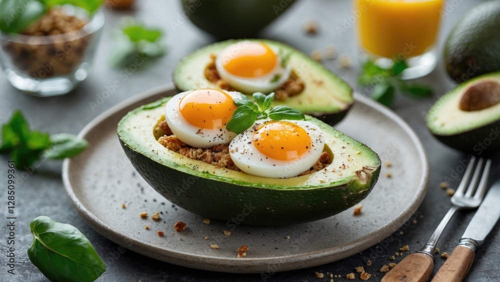 Nutritious breakfast. Eggs nestled in avocado halves on a plate Nutritious breakfast. Eggs nestled in avocado halves on a plate