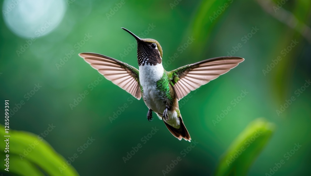 Fototapeta premium Hummingbird in flight, showcasing wing details. White-bellied Woodstar against a vibrant green backdrop. A bird from Tandayapa, Ecuador, soaring in a tropical forest.