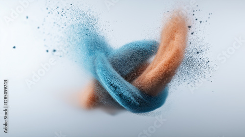 A close-up of two intertwined objects composed of fine blue and orange powder - Generative AI