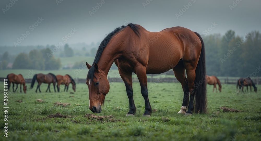 A chestnut horse feeding in a pasture. A field filled with horses grazing. The essence of rural life, distant from urbanization and civilization, connection with nature, and the joy of living. A chestnut horse feeding in a pasture. A field filled with horses grazing. The essence of rural life, distant from urbanization and civilization, connection with nature, and the joy of living.