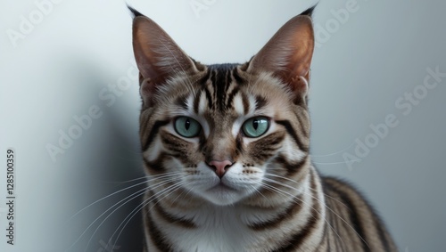 Bengal cat gazing at the camera, set against a white background