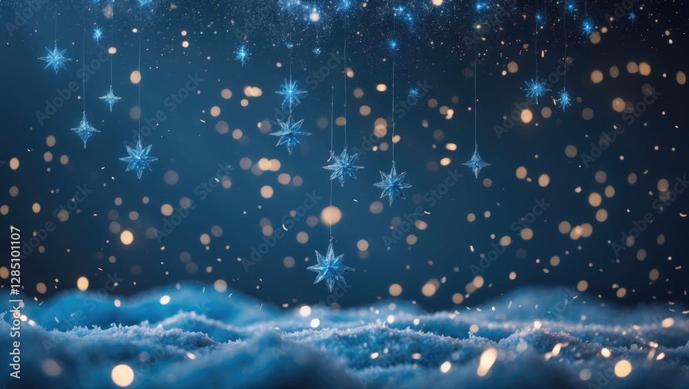 Obraz premium Glittering blue stars and snowflakes descend in the background.