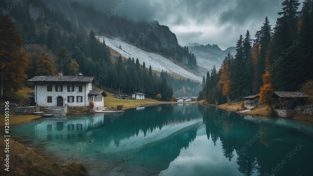 Fototapeta premium The village of Anaunia in Italy features a quaint alpine lake surrounded by ancient fir trees.