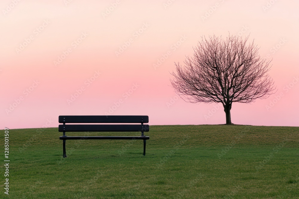 Fototapeta premium Park bench, tree, pink sunset, peaceful scene, solitude