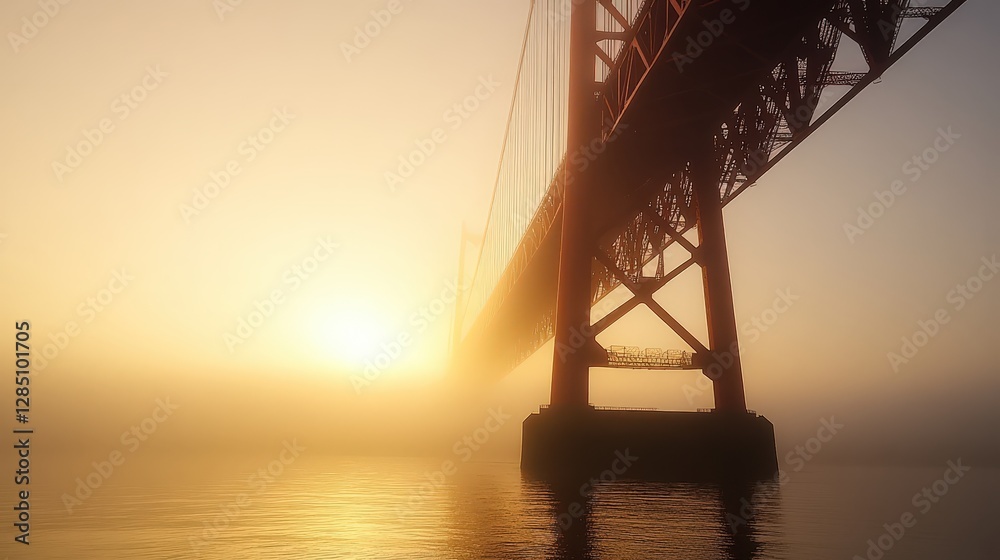 Obraz premium Majestic Bridge Silhouette at Sunrise in Thick Mist Over Water