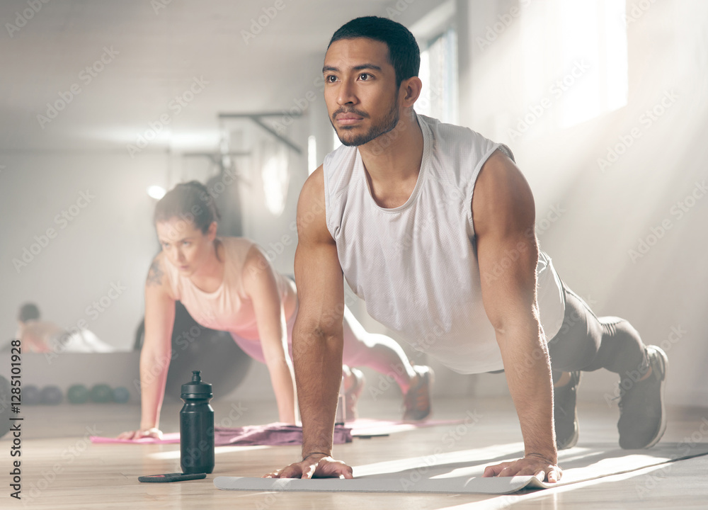 Obraz premium Active, man and push up for fitness at gym with exercise, core strength and body balance. Athlete, male person and muscle training with endurance, bodybuilding progress and sports workout of wellness