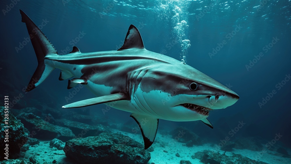 Fototapeta premium Bullsharks are observed gliding downwards in the water.