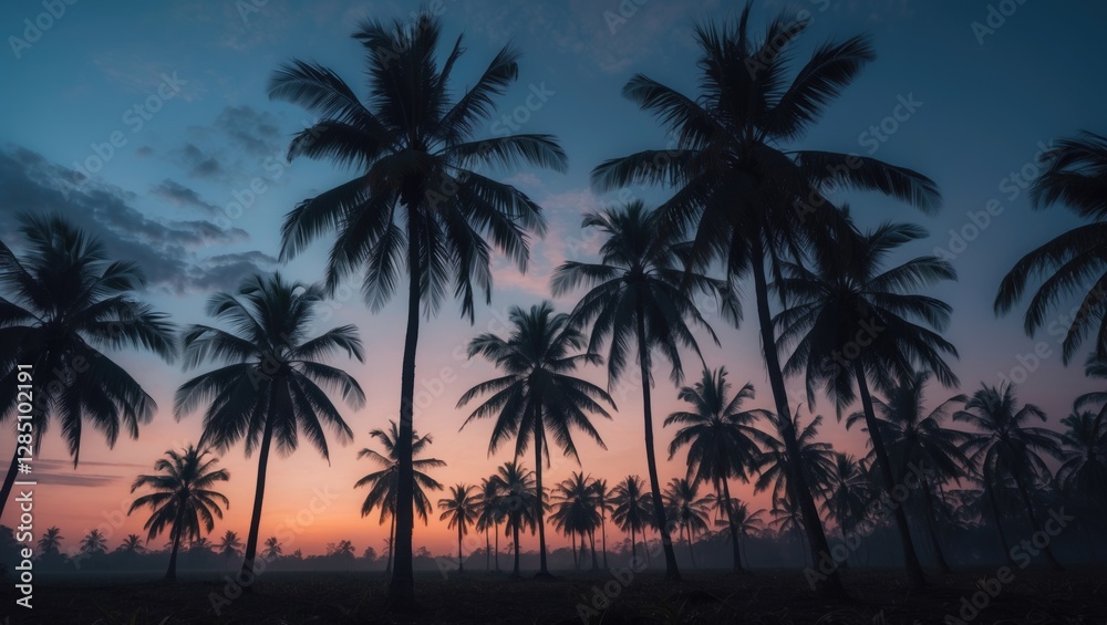 Silhouetted sugar palm trees against a twilight sky during dawn in Sam Khok, Pathum Thani, Thailand. A picturesque agricultural landscape. Silhouetted sugar palm trees against a twilight sky during dawn in Sam Khok, Pathum Thani, Thailand. A picturesque agricultural landscape.