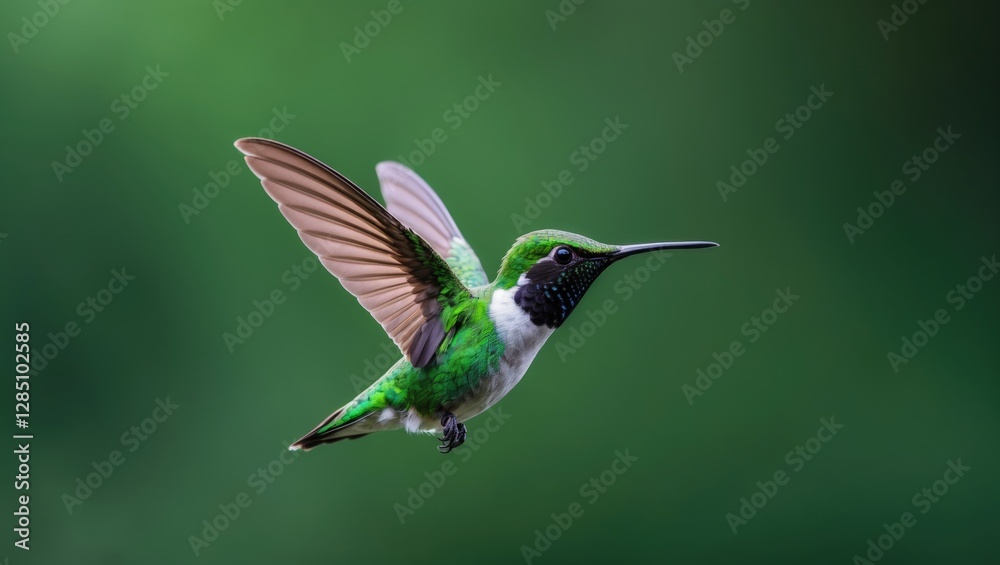 Green Violet-ear hummingbird (Colibri thalassinus) captured in mid-flight against a green backdrop in Costa Rica. Green Violet-ear hummingbird (Colibri thalassinus) captured in mid-flight against a green backdrop in Costa Rica.