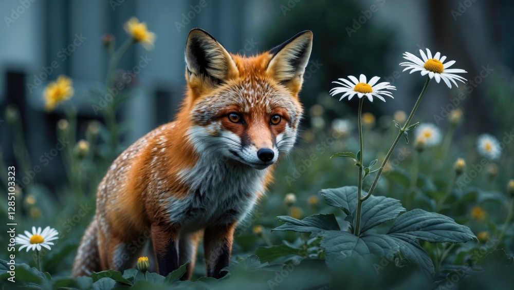 Fototapeta premium Toronto, Ontario, Canada, July 11, 2019, Fox concealed among flowers