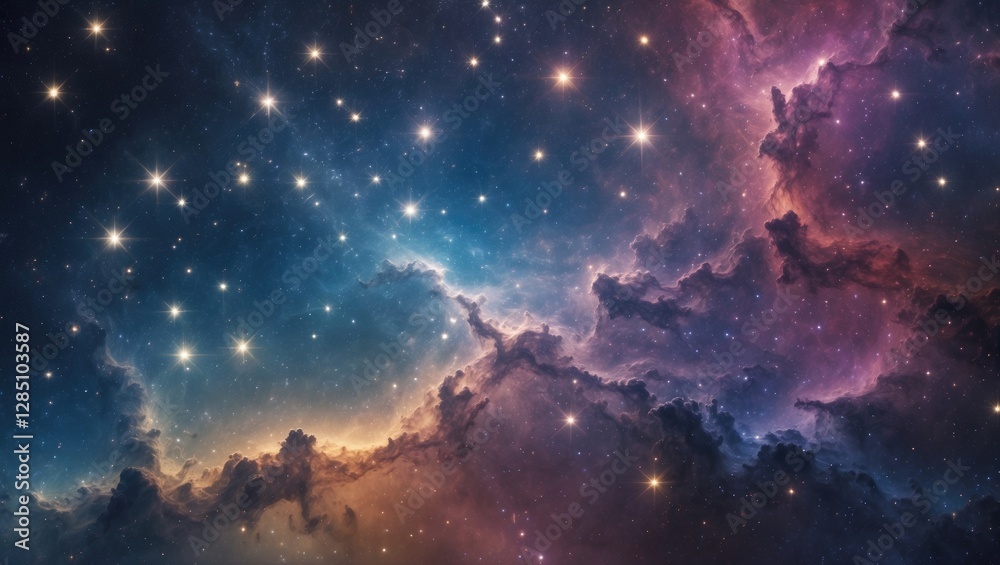 Fototapeta premium Colorful cosmic marble backdrop featuring a nebula and shining stars.