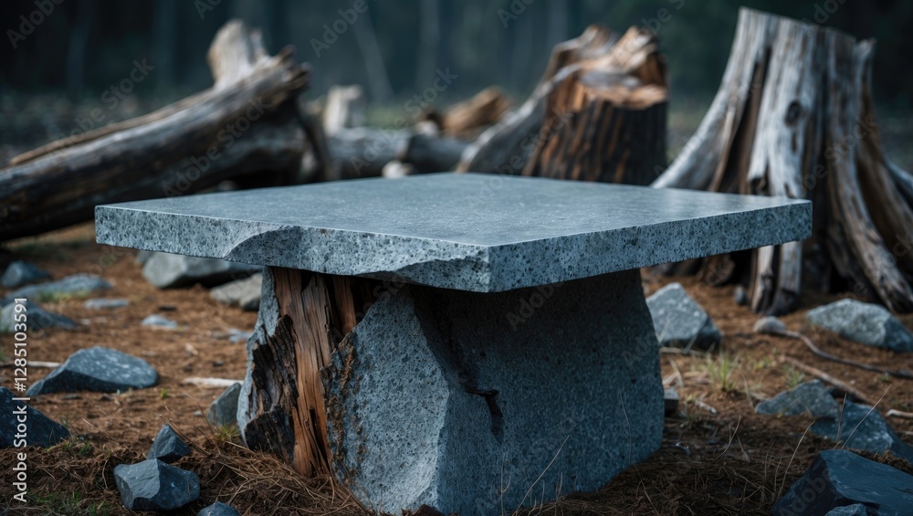 Fototapeta premium A Compact Flat Stone Surface for Product Presentation, Featuring a Low-Profile Granite Base with Detailed Views of Natural Deadwood Stumps.