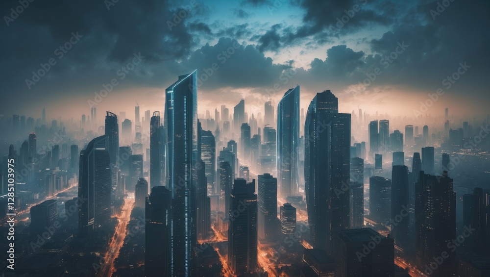 Fototapeta premium Scene depicting a futuristic digital cityscape.