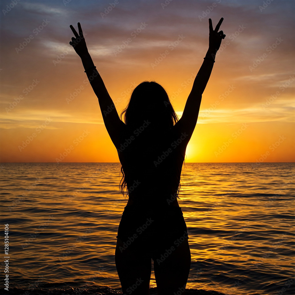 Fototapeta premium silhouette of a woman in the sunset beach. Silhouette of woman celebrating at sunset by the ocean beach. woman celebration on golden hour beach photography.