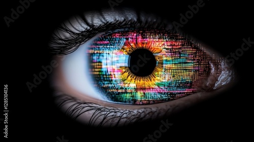 Eye with Colorful Digital Data Patterns Reflecting Technology Trends