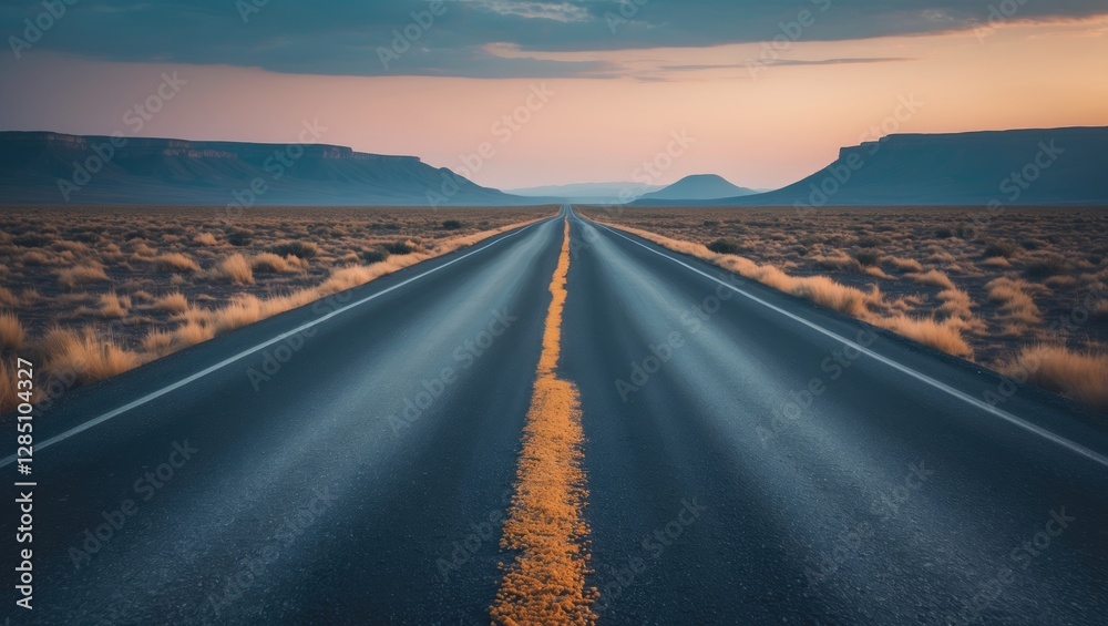 Fototapeta premium Image featuring the phrase endless highway set against a remote landscape. A road departing from a mobile device. Mobile commerce. Advertising and mockup concepts. Roadside promotional design. Mobi...