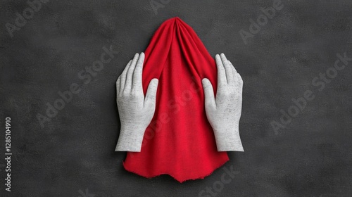 Hands Holding Red Cloth on Dark Background in Artistic Composition
