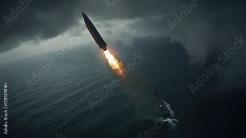 Aerial view of a missile launch from a warship towards a distant target, showcasing the power and precision of military strikes in a dark sky and ocean setting.