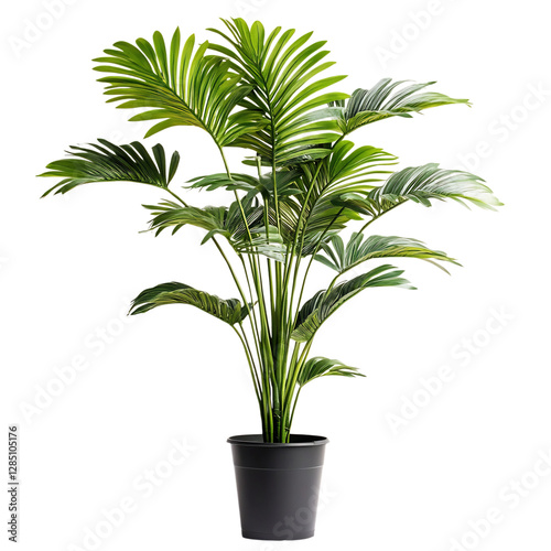 A Lush Potted Palm Plant with Large Arched Green Leaves Isolated on Transparent Background