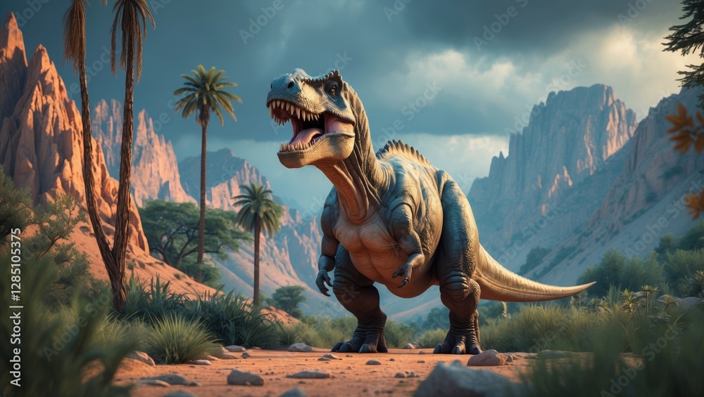 Fototapeta premium Cartoon depiction of a Tyrannosaurus amid mountains, greenery, and trees.