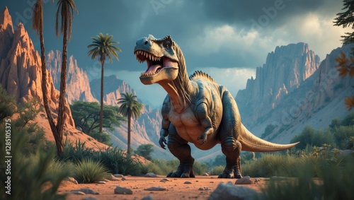 Fototapeta Naklejka Na Ścianę i Meble -  Cartoon depiction of a Tyrannosaurus amid mountains, greenery, and trees.