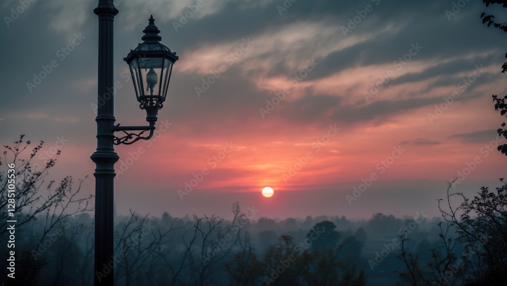 A lamppost standing prominently in front of a sunrise. A lamppost standing prominently in front of a sunrise.