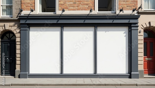 Plain white vertical banners displayed on building exterior, design concept. Store signage mockup on the street. Outdoor banner templates positioned on the shop's facade. Three signs mounted on the... photo