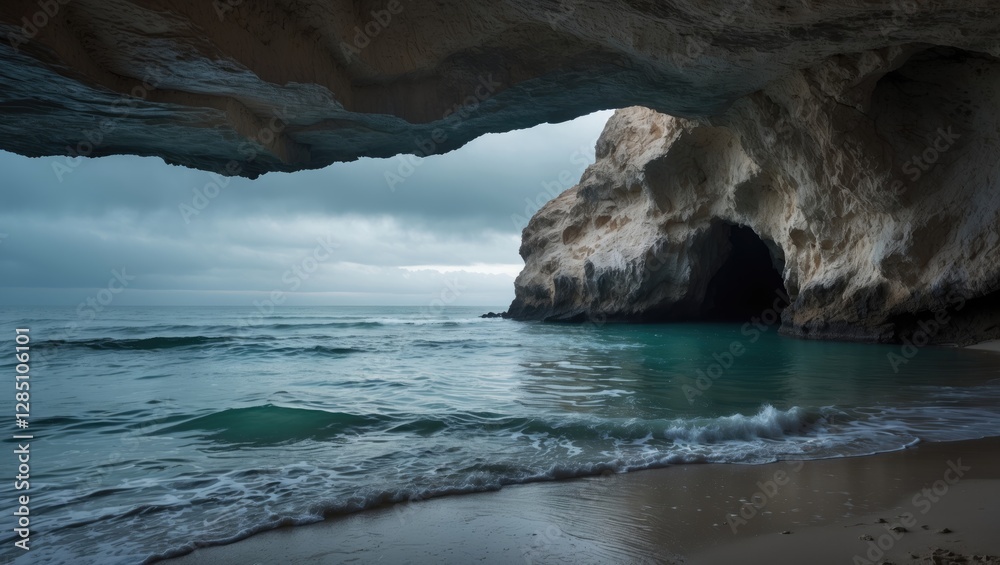 Naklejka premium A coastal cave where the water meets the shore at Praia da Coelha in Albufeira, Algarve, Portugal.