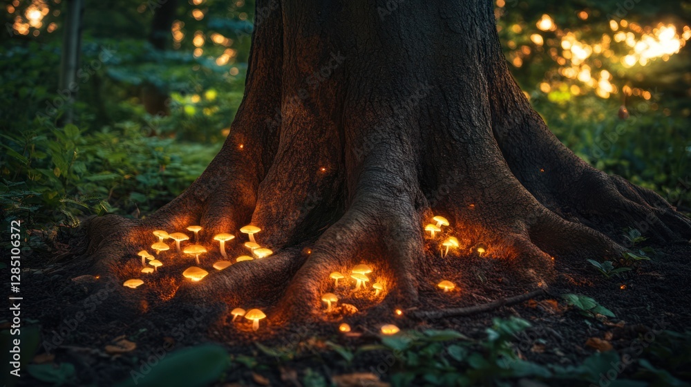 Glowing mushrooms at tree base, enchanted forest, fantasy setting, nature background Glowing mushrooms at tree base, enchanted forest, fantasy setting, nature background