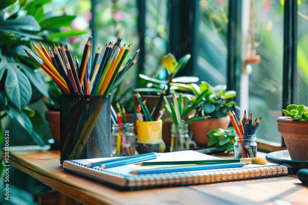 Vibrant Color Image of Drawing Tools Near Plants Vibrant Color Image of Drawing Tools Near Plants