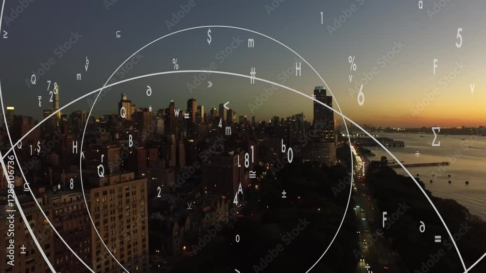 A Stunning Aerial View of a Cityscape with Engaging Mathematical Elements at Dusk