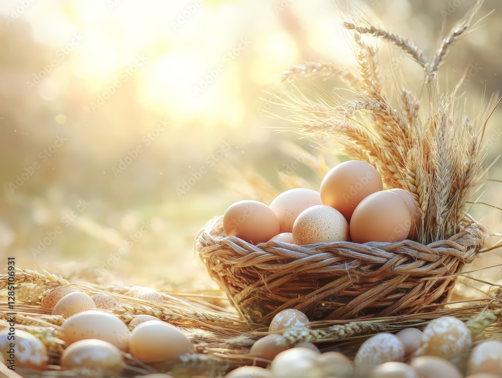Gathering fresh eggs in nature’s bounty a serene outdoor scene with wheat and sunlight