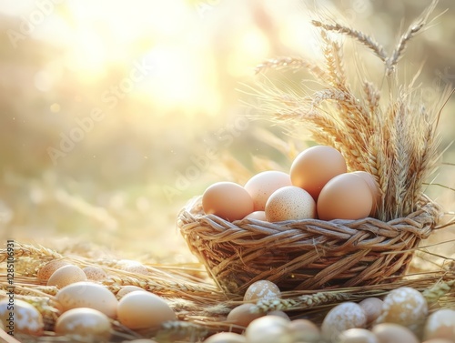Obraz na płótnie Gathering fresh eggs in nature’s bounty a serene outdoor scene with wheat and sunlight w salonie