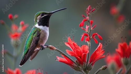 Female black-chinned hummingbird with red blossoms, Arizona photo