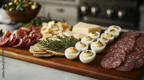 Obraz na płótnie Gourmet charcuterie board assembly kitchen food photography inviting atmosphere close-up culinary delight w salonie