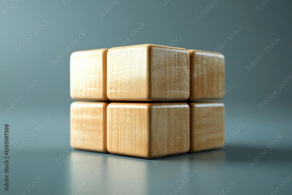 Close-up of a Minimalist Wooden Puzzle Cube on a Soft Gray Surface, Highlighting its Natural Finish and Geometric Design Close-up of a Minimalist Wooden Puzzle Cube on a Soft Gray Surface, Highlighting its Natural Finish and Geometric Design