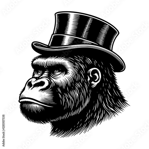 Gorilla wears top hat and smoking cigar engraving black and white outline. Scratch board imitation.  illustrated in vintage line art style on a white background.
