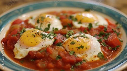 Obraz na płótnie Cooking delicious shakshuka with eggs in spicy tomato sauce kitchen recipe guide warm overhead view culinary delight w salonie