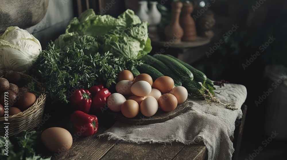 Fresh produce display featuring eggs and vegetables in rustic kitchen setting for culinary inspiration